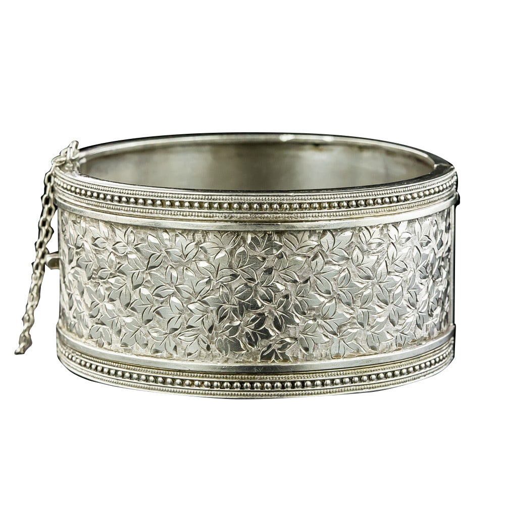 victorian engraved foliate motif silver bangle bracelet